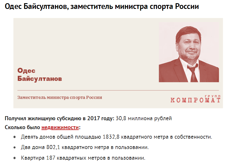 це не завадило Байсултанову 2017 року отримати 30 мільйонів рублів компенсації - як такому, що потребує поліпшення житлових умов.